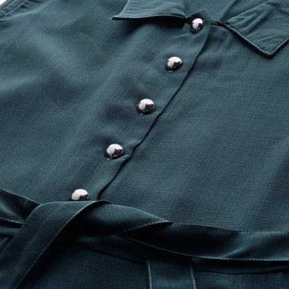Women's Green Polyester Solid Sleeveless Casual Dress