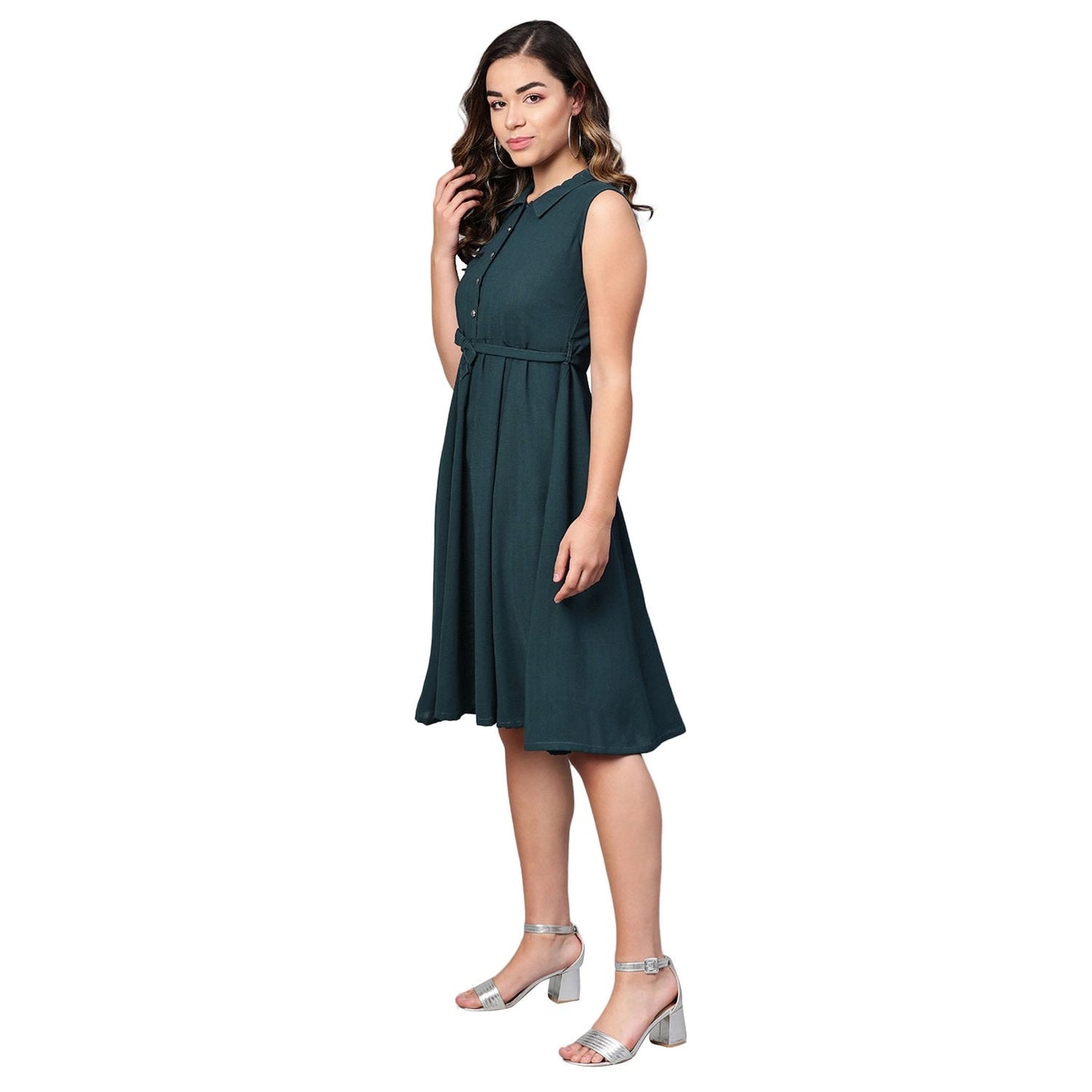Women's Green Polyester Solid Sleeveless Casual Dress