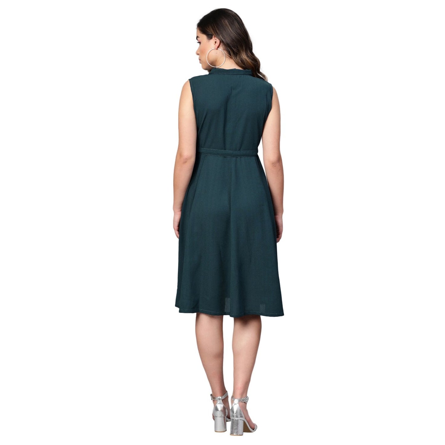 Women's Green Polyester Solid Sleeveless Casual Dress