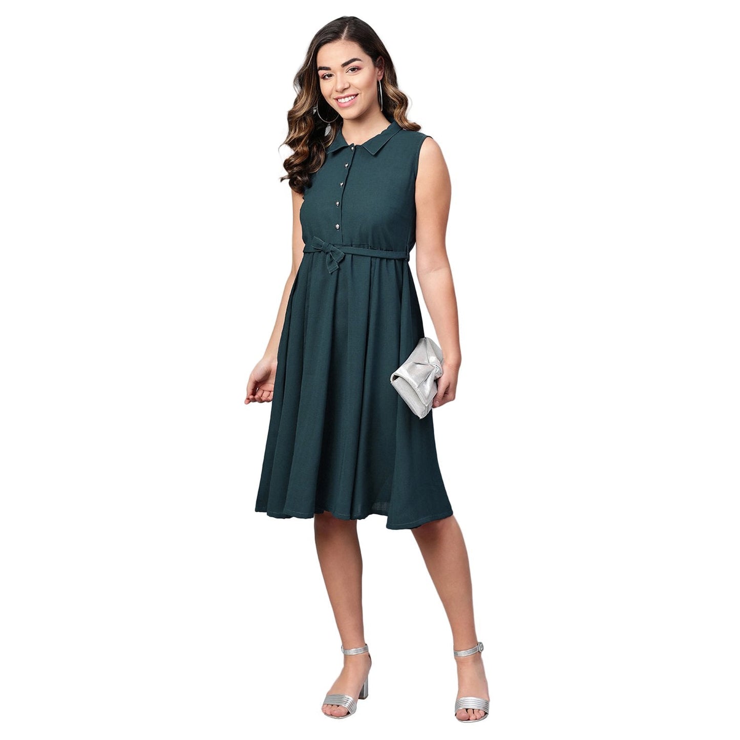 Women's Green Polyester Solid Sleeveless Casual Dress