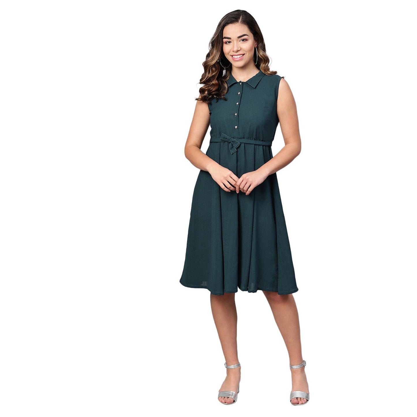 Women's Green Polyester Solid Sleeveless Casual Dress