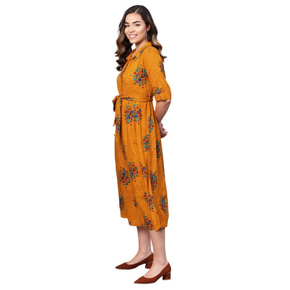 Women's Yellow Cotton Printed Half Sleeve Casual Dress