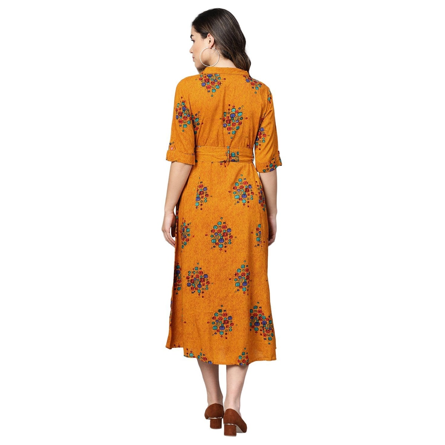 Women's Yellow Cotton Printed Half Sleeve Casual Dress