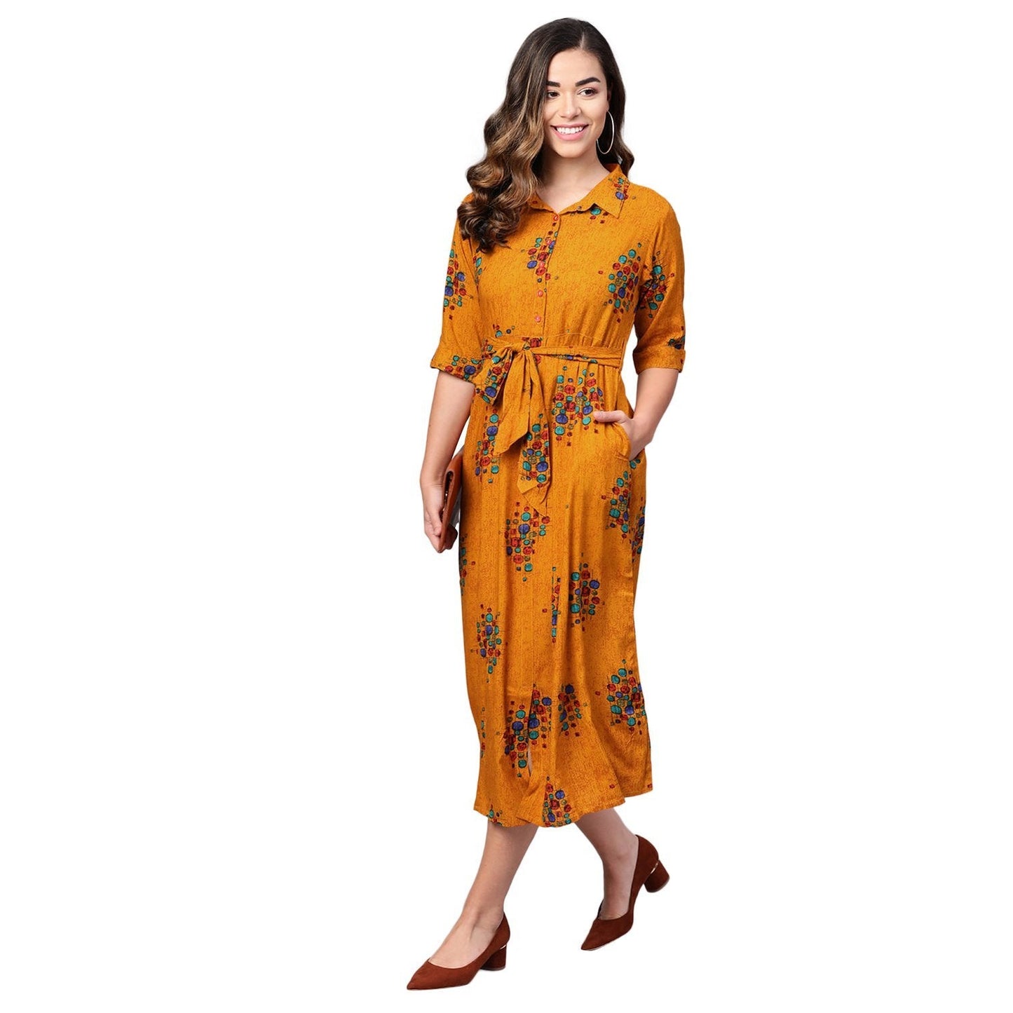 Women's Yellow Cotton Printed Half Sleeve Casual Dress