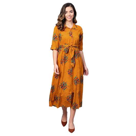 Women's Yellow Cotton Printed Half Sleeve Casual Dress