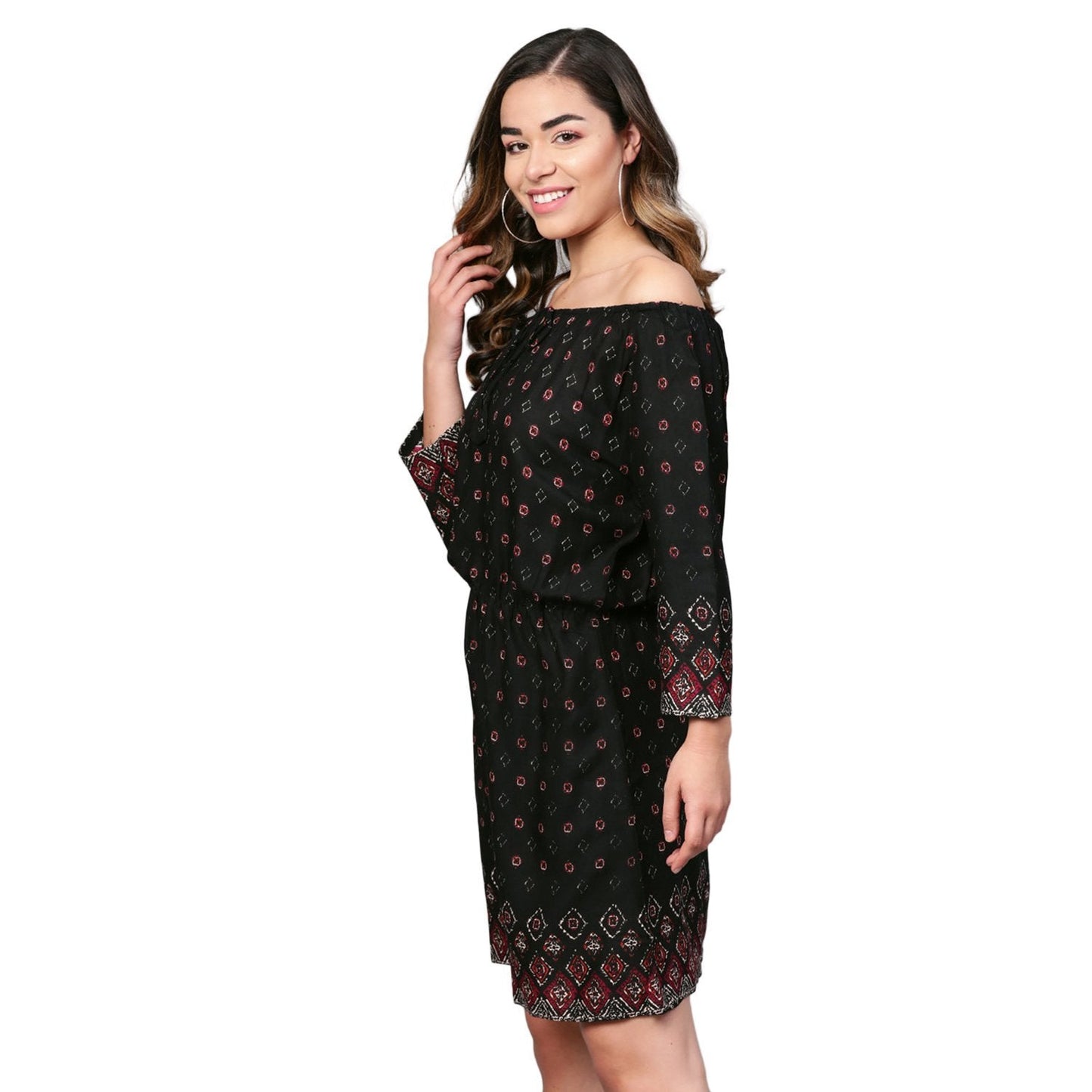 Women's Black Rayon Printed 3/4 Sleeve Casual Dress