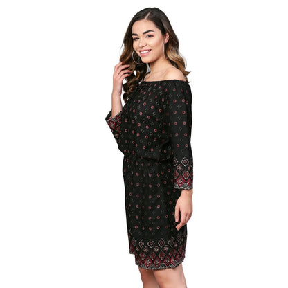 Women's Black Rayon Printed 3/4 Sleeve Casual Dress