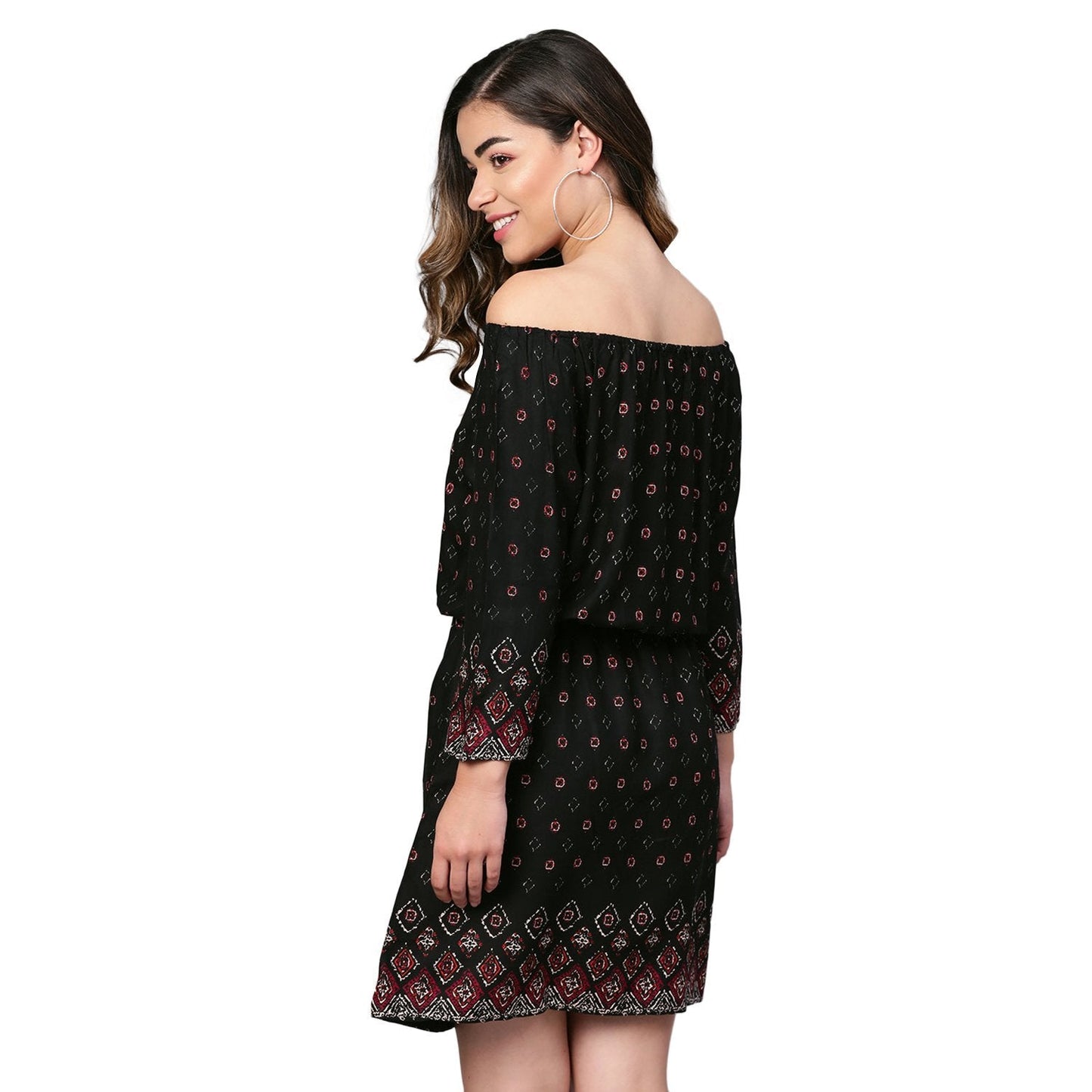 Women's Black Rayon Printed 3/4 Sleeve Casual Dress