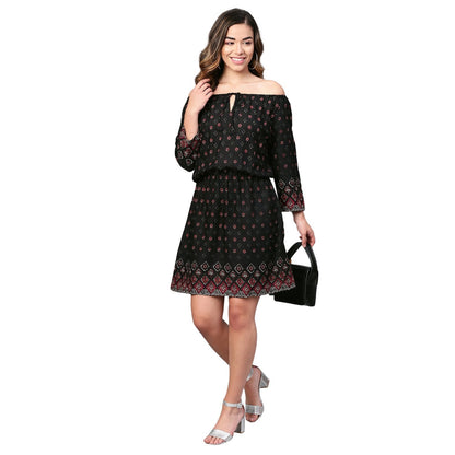 Women's Black Rayon Printed 3/4 Sleeve Casual Dress