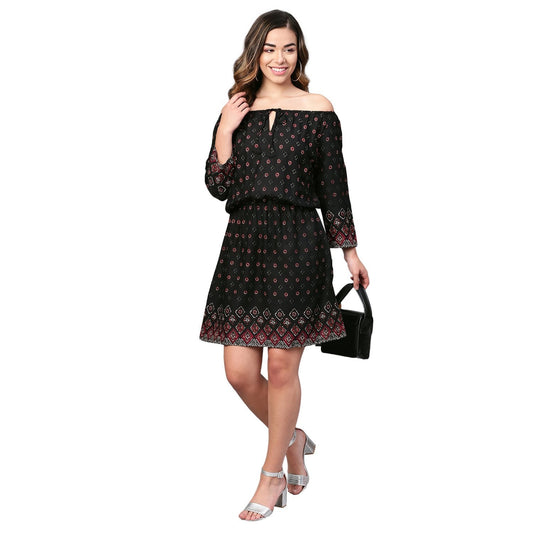 Women's Black Rayon Printed 3/4 Sleeve Casual Dress
