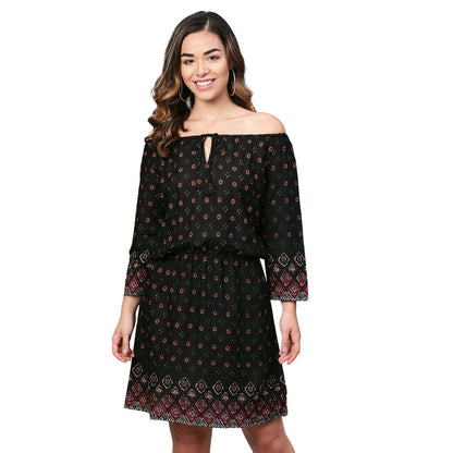 Women's Black Rayon Printed 3/4 Sleeve Casual Dress