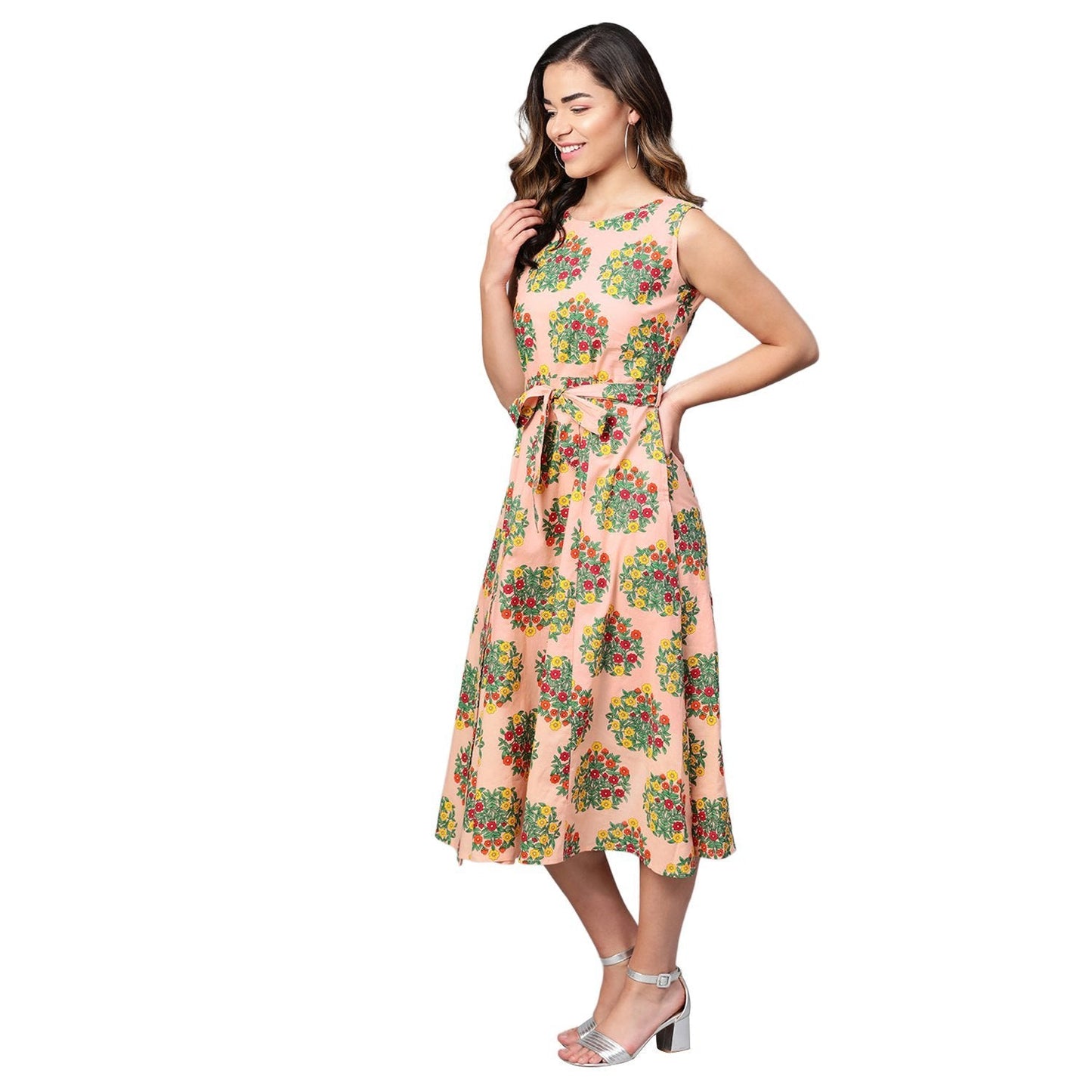 Women's Peach Cotton Printed Sleevless Casual Dress