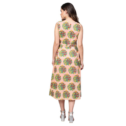 Women's Peach Cotton Printed Sleevless Casual Dress