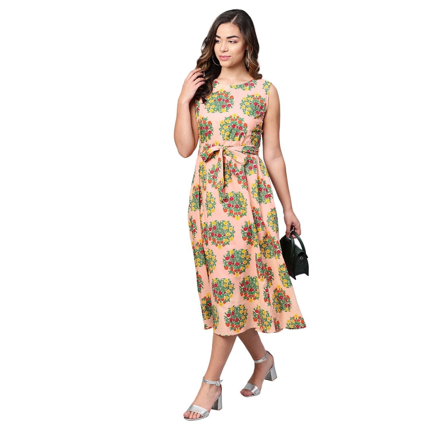 Women's Peach Cotton Printed Sleevless Casual Dress