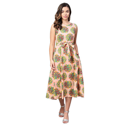 Women's Peach Cotton Printed Sleevless Casual Dress