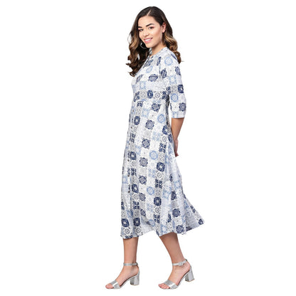 Women's Off White Rayon Printed Half Sleeve Casual Dress