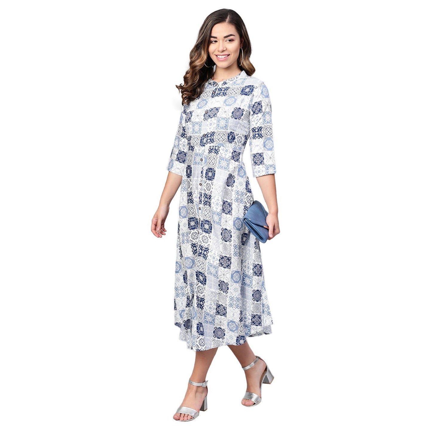 Women's Off White Rayon Printed Half Sleeve Casual Dress