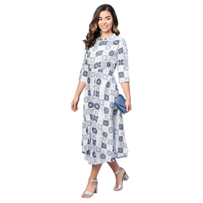 Women's Off White Rayon Printed Half Sleeve Casual Dress