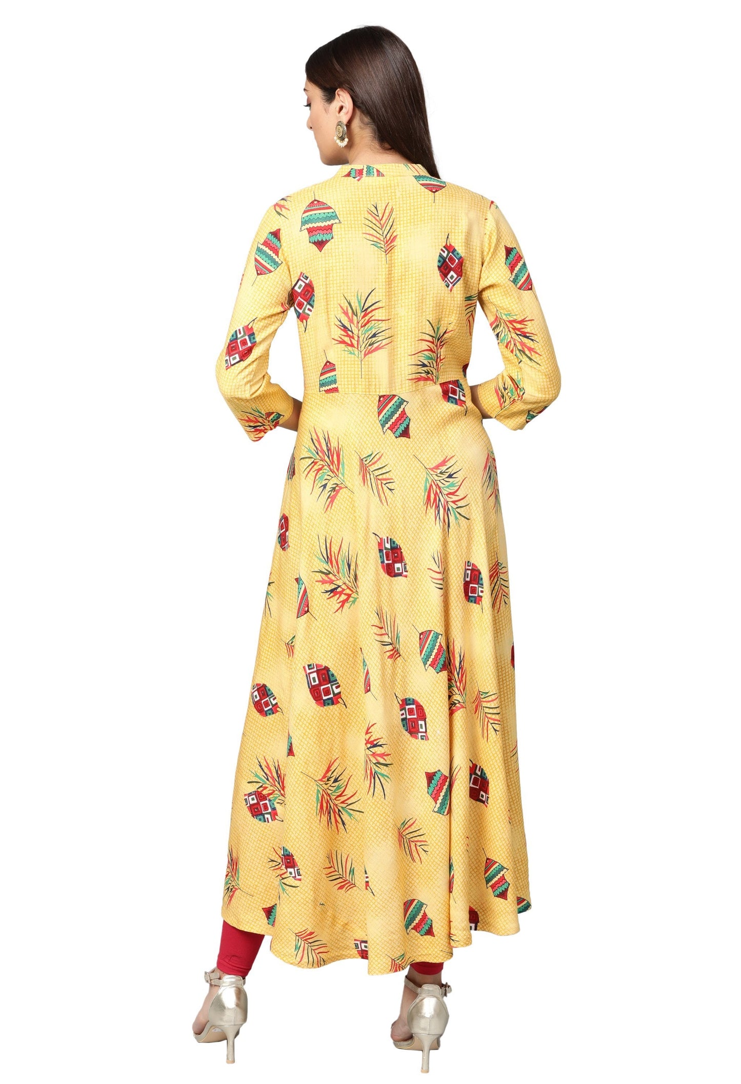 Women's Yellow Cotton Printed 3/4 Sleeve Mandarin Neck Casual Dress