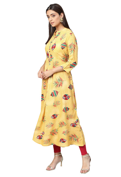 Women's Yellow Cotton Printed 3/4 Sleeve Mandarin Neck Casual Dress