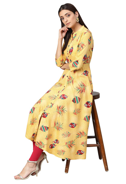 Women's Yellow Cotton Printed 3/4 Sleeve Mandarin Neck Casual Dress