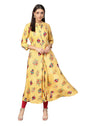 Women's Yellow Cotton Printed 3/4 Sleeve Mandarin Neck Casual Dress