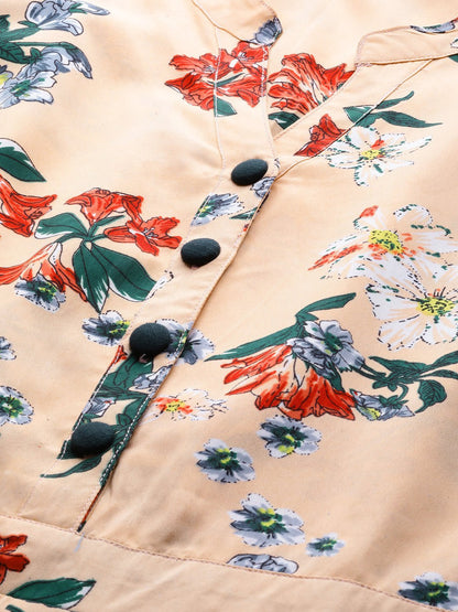 Women's Peach Polyester Printed Half Sleeve Casual Jumpsuit