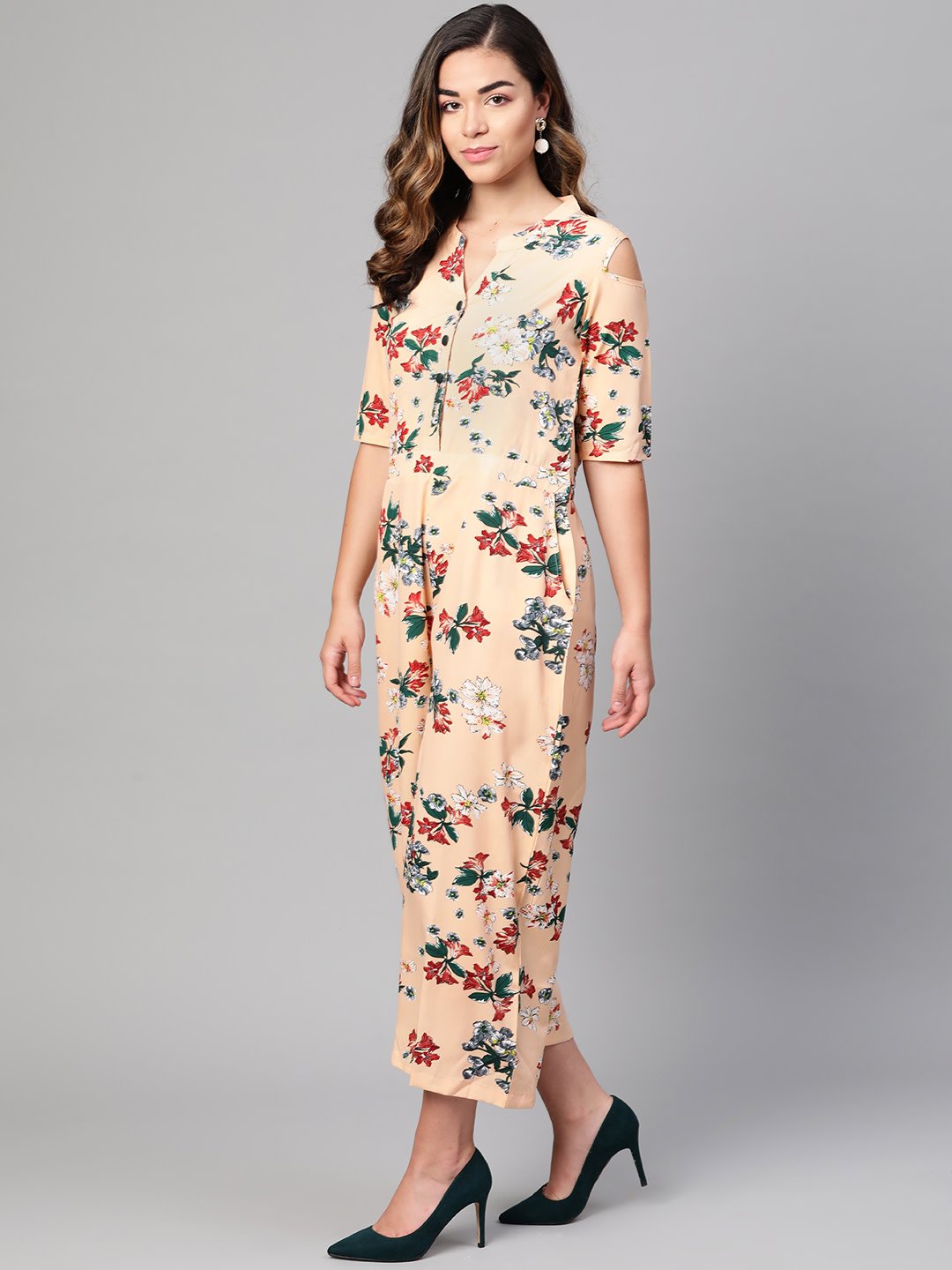 Women's Peach Polyester Printed Half Sleeve Casual Jumpsuit
