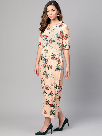 Women's Peach Polyester Printed Half Sleeve Casual Jumpsuit