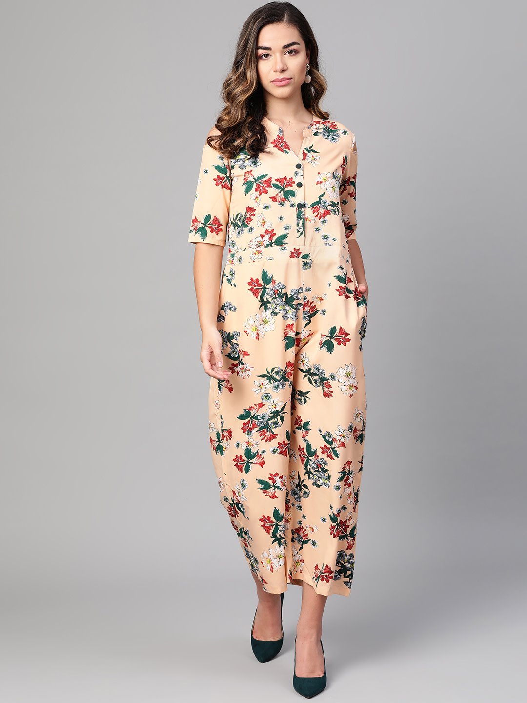 Women's Peach Polyester Printed Half Sleeve Casual Jumpsuit