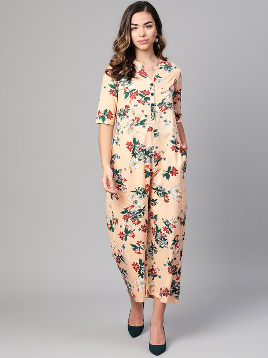Women's Peach Polyester Printed Half Sleeve Casual Jumpsuit