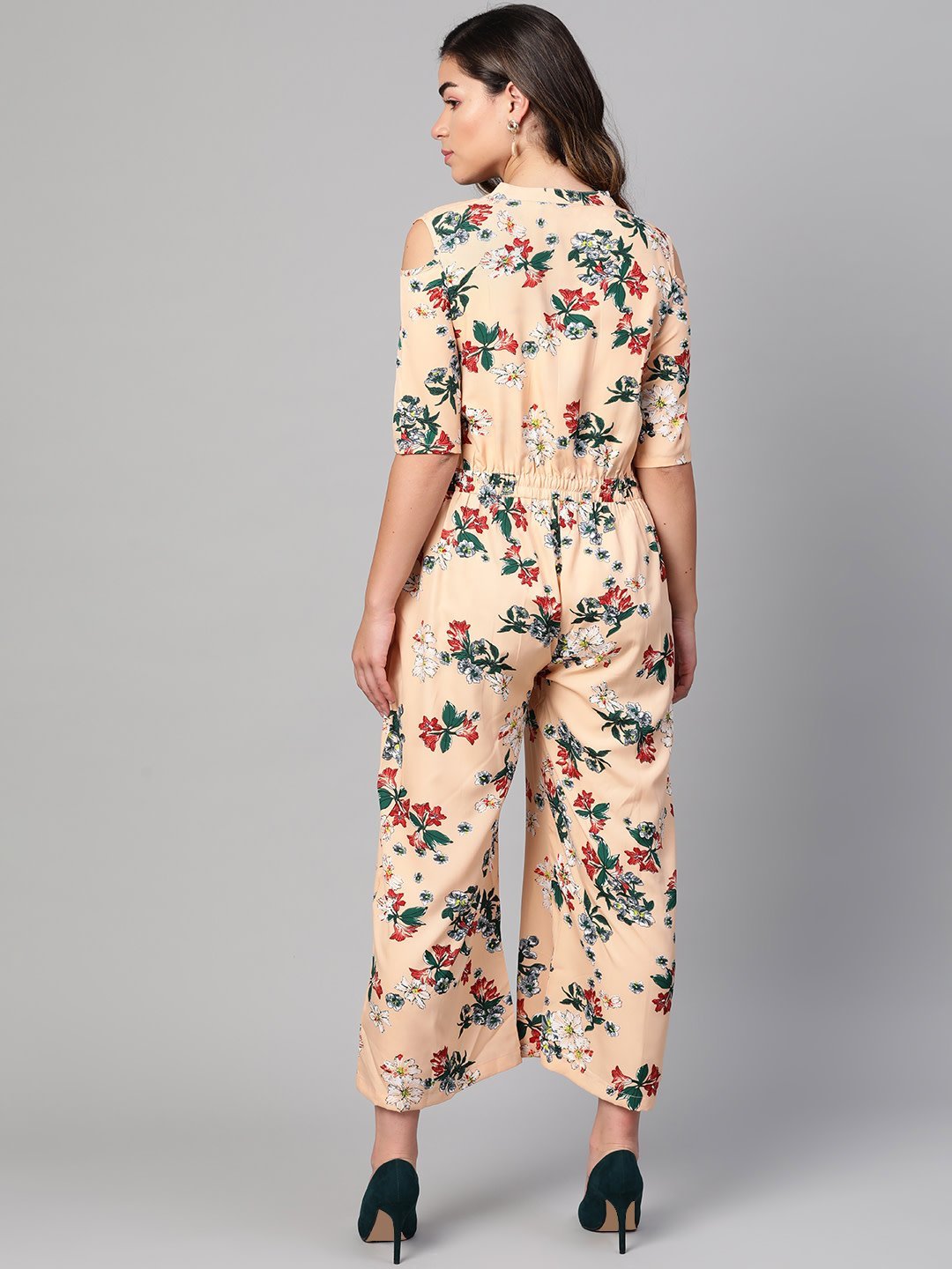 Women's Peach Polyester Printed Half Sleeve Casual Jumpsuit