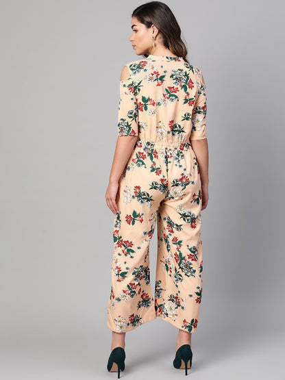 Women's Peach Polyester Printed Half Sleeve Casual Jumpsuit