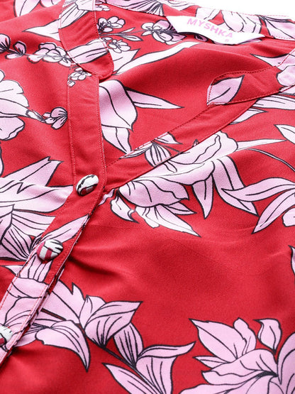 Women's Red Polyester Printed Half Sleeve Casual Jumpsuit