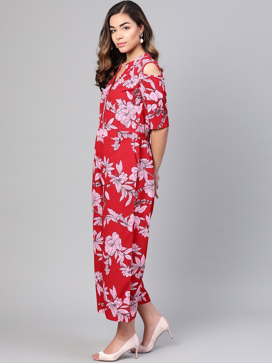 Women's Red Polyester Printed Half Sleeve Casual Jumpsuit