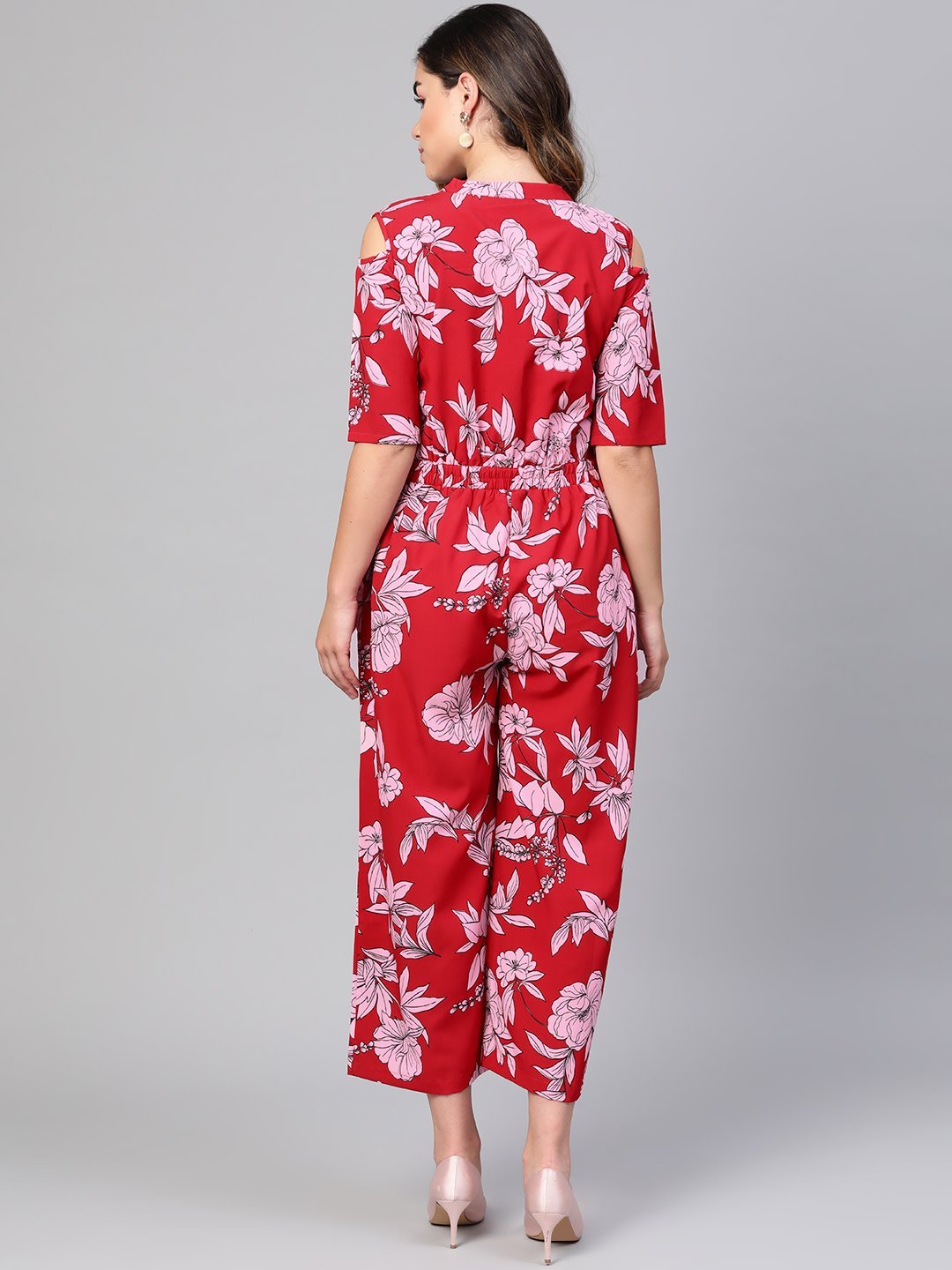 Women's Red Polyester Printed Half Sleeve Casual Jumpsuit