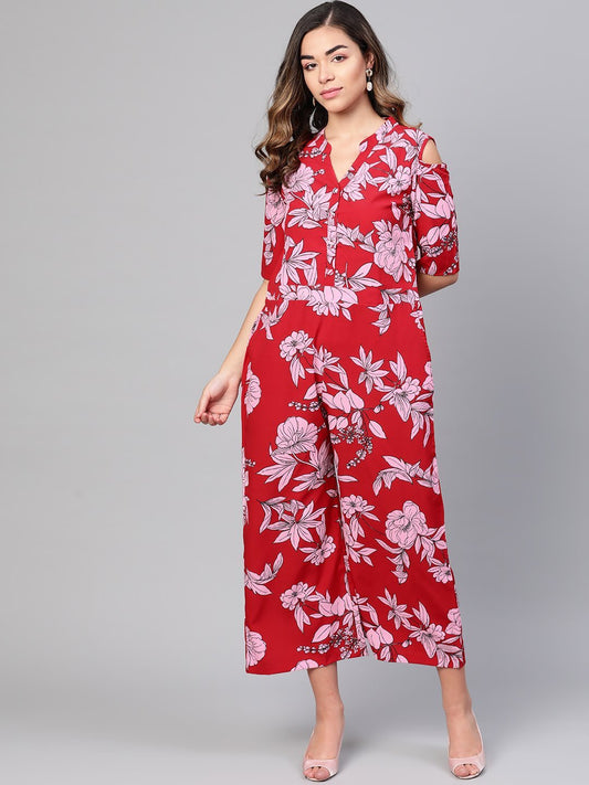 Women's Red Polyester Printed Half Sleeve Casual Jumpsuit