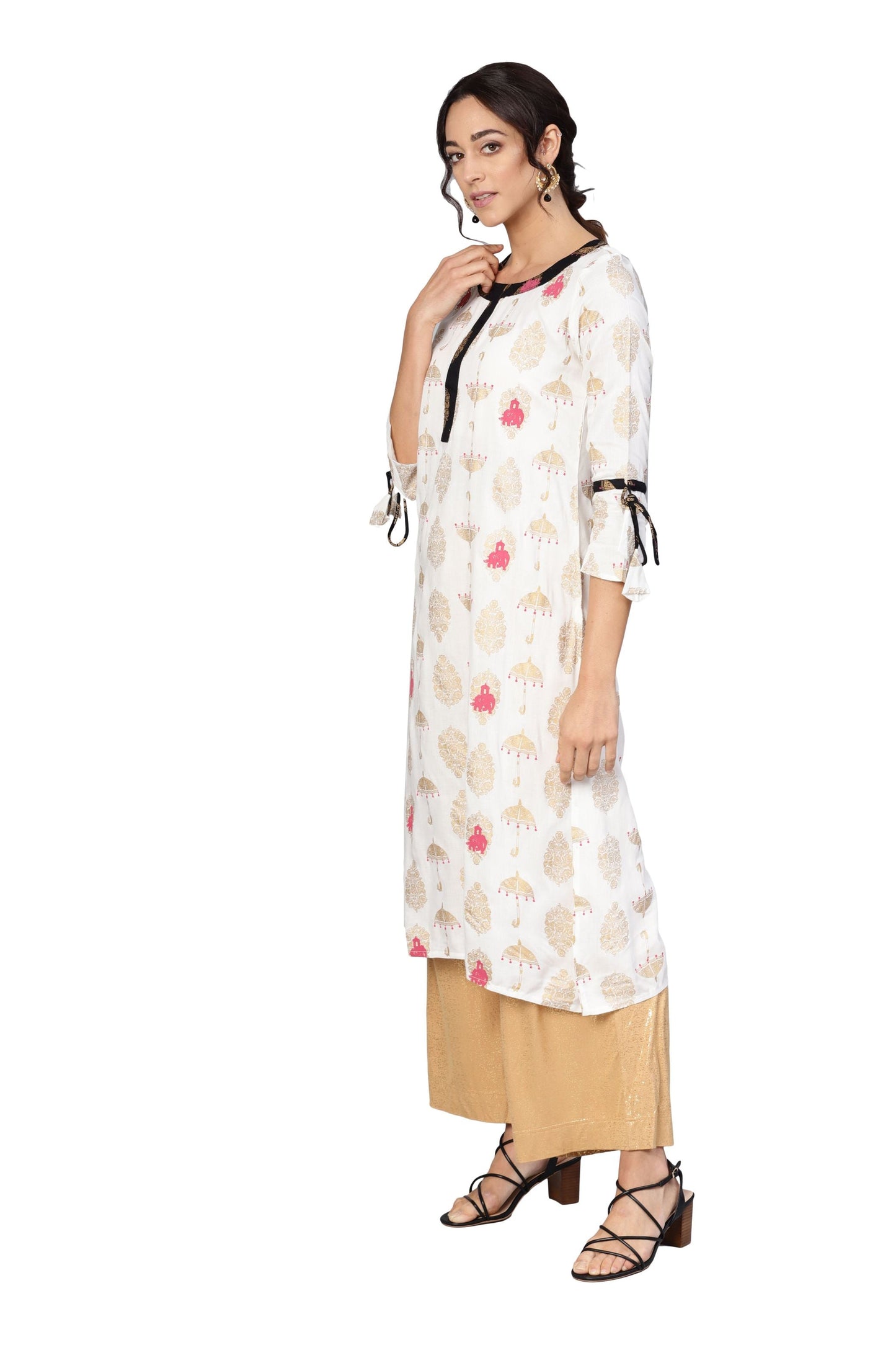 Women's White Rayon Printed 3/4 Sleeve Round Neck Dress