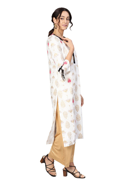 Women's White Rayon Printed 3/4 Sleeve Round Neck Dress