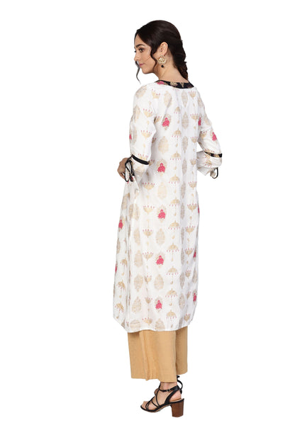 Women's White Rayon Printed 3/4 Sleeve Round Neck Dress