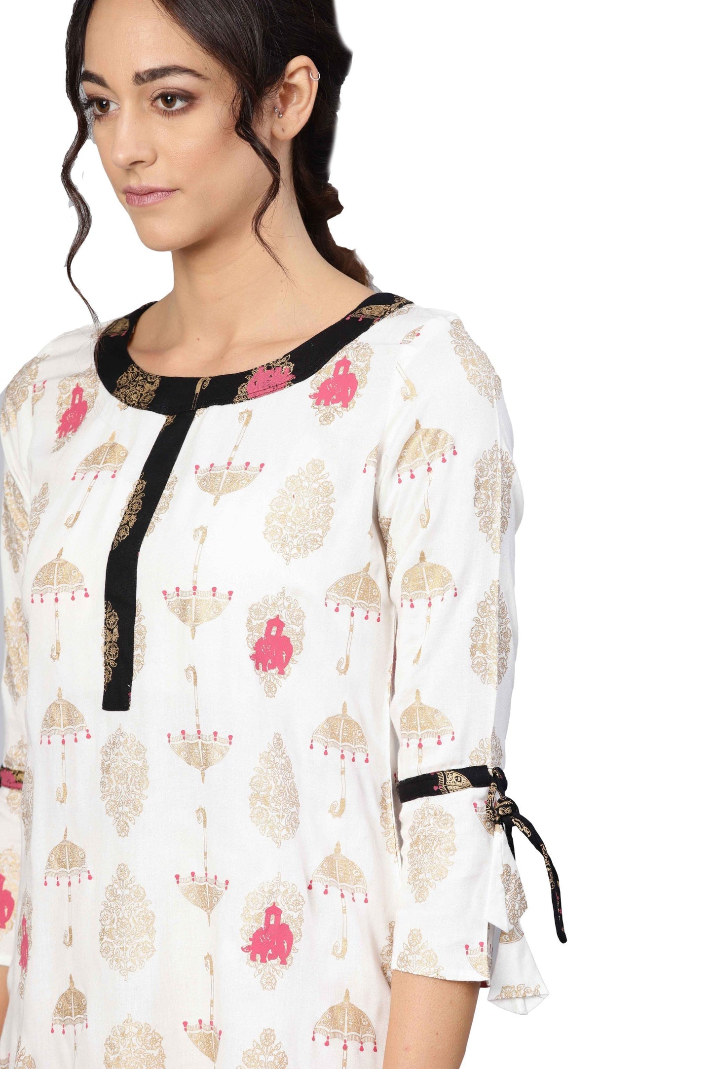 Women's White Rayon Printed 3/4 Sleeve Round Neck Dress