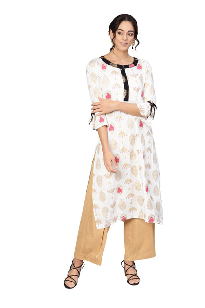Women's White Rayon Printed 3/4 Sleeve Round Neck Dress