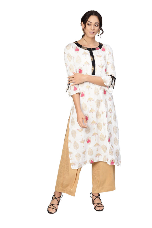 Women's White Rayon Printed 3/4 Sleeve Round Neck Dress