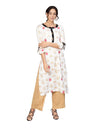 Women's White Rayon Printed 3/4 Sleeve Round Neck Dress