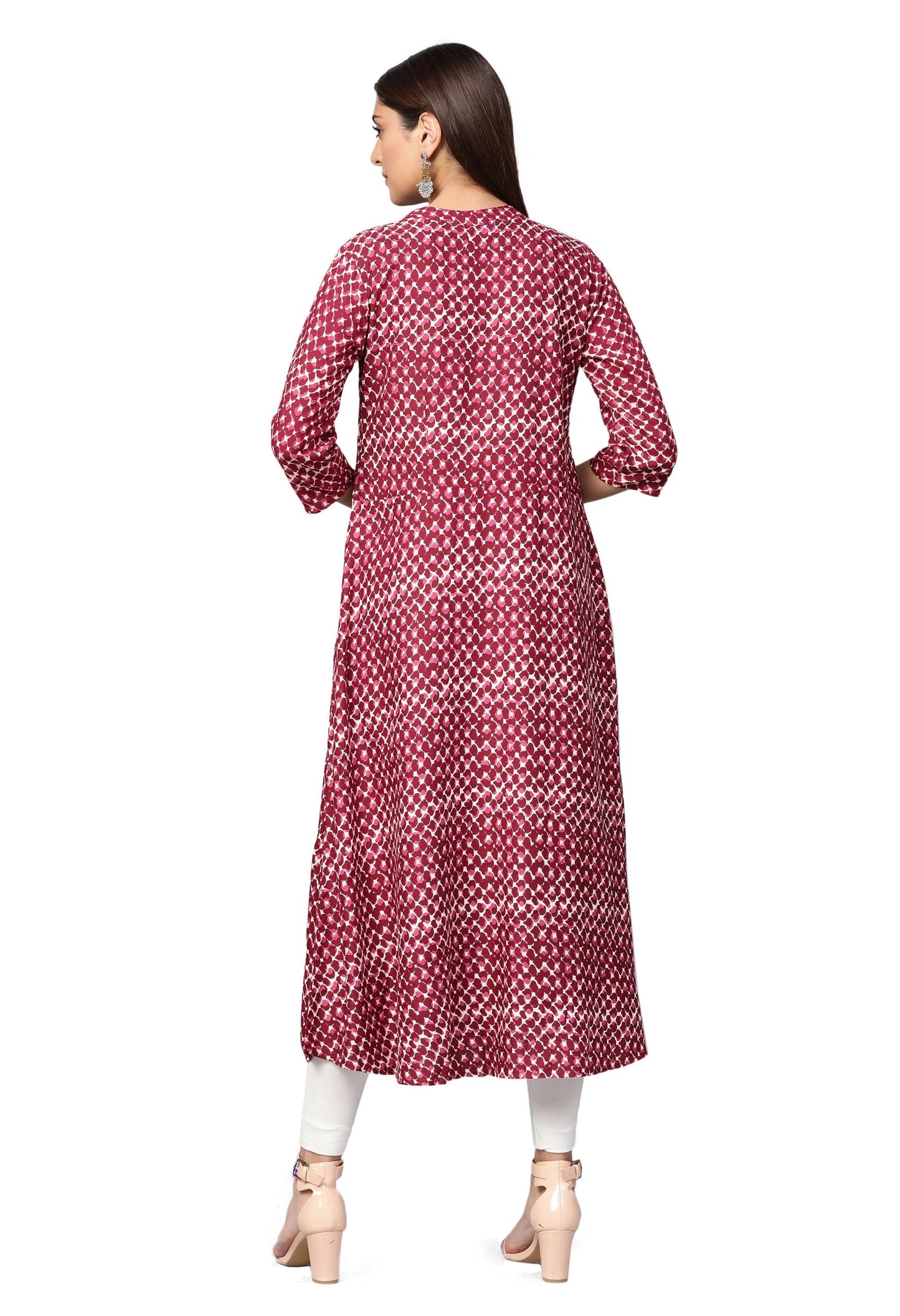 Women's Pink Rayon Printed 3/4 Sleeve Mandarin Neck Casual Kurta Only