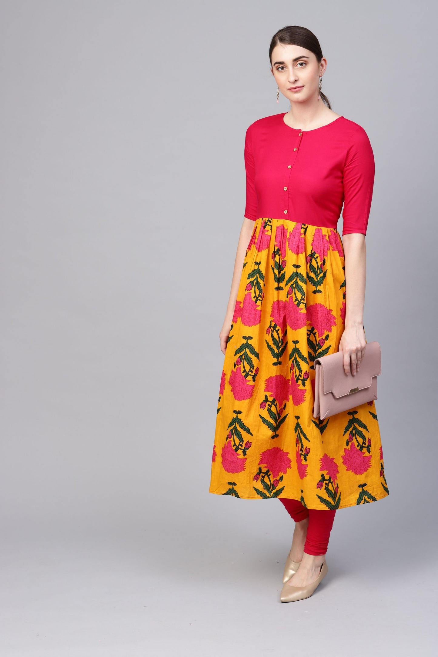 Women's Pink Cotton Printed Half Sleeve Round Neck Kurti