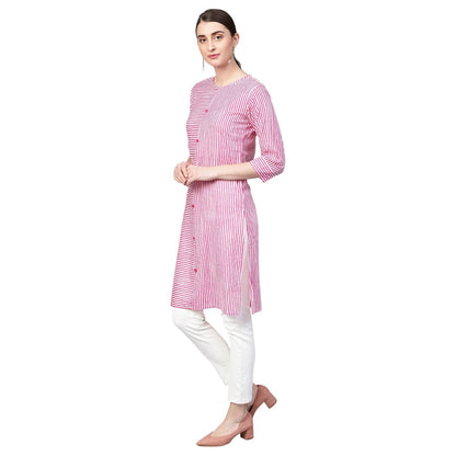 Women's Pink Cotton Solid 3/4 Sleeve Collar Neck Kurti