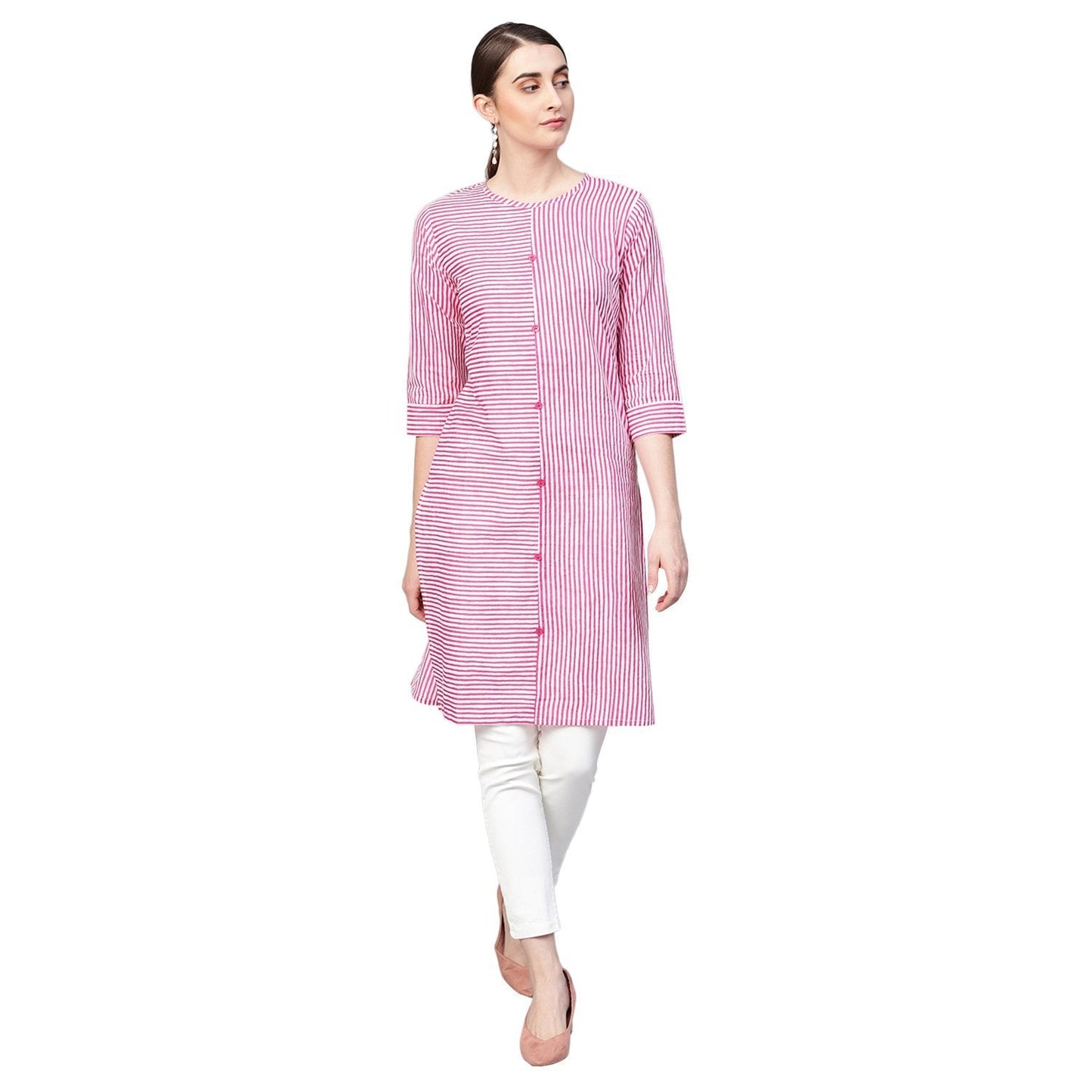 Women's Pink Cotton Solid 3/4 Sleeve Collar Neck Kurti