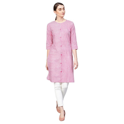 Women's Pink Cotton Solid 3/4 Sleeve Collar Neck Kurti