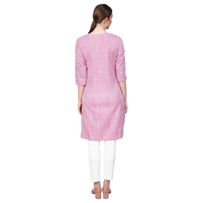 Women's Pink Cotton Solid 3/4 Sleeve Collar Neck Kurti
